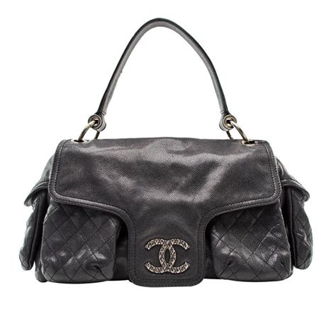 CHANEL Glazed Caviar Flap Hobo Dark Grey